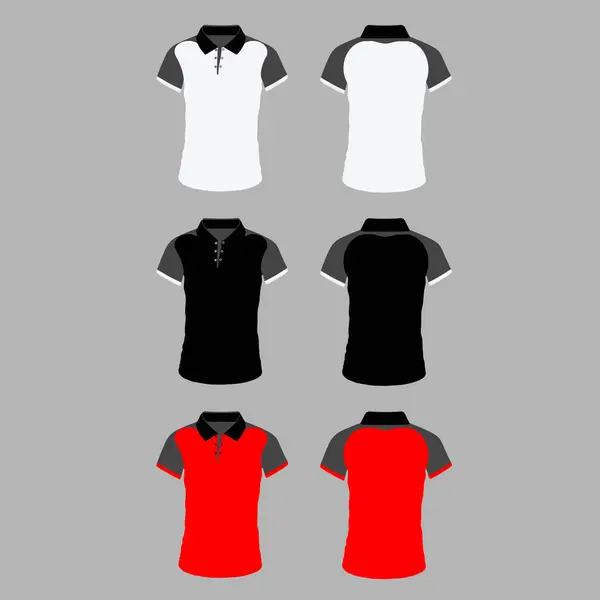 Farklı bakış açılarına sahip erkek tişörtü ve izole edilmiş gömleklerdeki geometrik geri dönüş izleri farklı renklerde beyaz ve siyah ve kırmızı beyaz tişörtler.