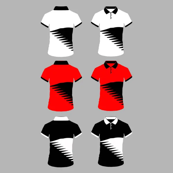 Farklı bakış açılarına sahip erkek tişörtü ve izole edilmiş gömleklerdeki geometrik geri dönüş izleri farklı renklerde beyaz ve siyah ve kırmızı beyaz tişörtler.