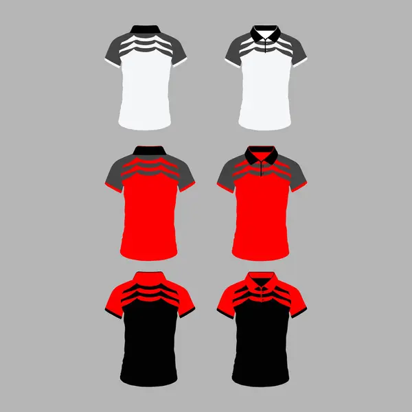 Farklı bakış açılarına sahip erkek tişörtü ve izole edilmiş gömleklerdeki geometrik geri dönüş izleri farklı renklerde beyaz ve siyah ve kırmızı beyaz tişörtler.