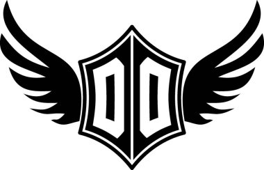 Özelleştirilebilir baş harfleri A-Z olan kalın kanatlı bir kalkan amblemi. Gösterişli siyah-beyaz vektör, markalaşma için mükemmel, spor takımları, motosiklet kulüpleri, oyun, giyim ve yüksek kalite