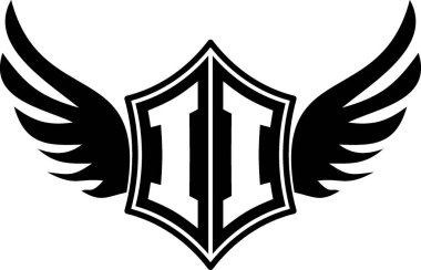 Özelleştirilebilir baş harfleri A-Z olan kalın kanatlı bir kalkan amblemi. Gösterişli siyah-beyaz vektör, markalaşma için mükemmel, spor takımları, motosiklet kulüpleri, oyun, giyim ve yüksek kalite