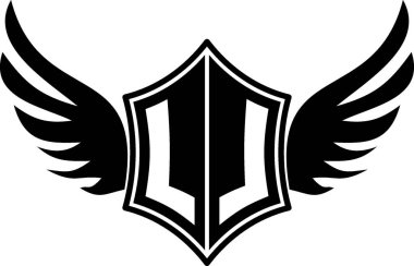 Özelleştirilebilir baş harfleri A-Z olan kalın kanatlı bir kalkan amblemi. Gösterişli siyah-beyaz vektör, markalaşma için mükemmel, spor takımları, motosiklet kulüpleri, oyun, giyim ve yüksek kalite