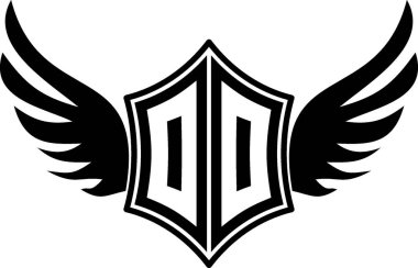 Özelleştirilebilir baş harfleri A-Z olan kalın kanatlı bir kalkan amblemi. Gösterişli siyah-beyaz vektör, markalaşma için mükemmel, spor takımları, motosiklet kulüpleri, oyun, giyim ve yüksek kalite