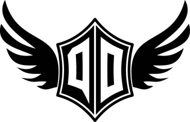 Özelleştirilebilir baş harfleri A-Z olan kalın kanatlı bir kalkan amblemi. Gösterişli siyah-beyaz vektör, markalaşma için mükemmel, spor takımları, motosiklet kulüpleri, oyun, giyim ve yüksek kalite