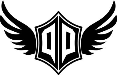 Özelleştirilebilir baş harfleri A-Z olan kalın kanatlı bir kalkan amblemi. Gösterişli siyah-beyaz vektör, markalaşma için mükemmel, spor takımları, motosiklet kulüpleri, oyun, giyim ve yüksek kalite