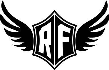 Özelleştirilebilir baş harfleri A-Z olan kalın kanatlı bir kalkan amblemi. Gösterişli siyah-beyaz vektör, markalaşma için mükemmel, spor takımları, motosiklet kulüpleri, oyun, giyim ve yüksek kalite