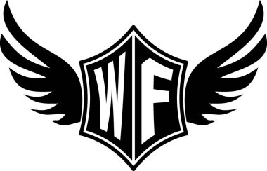 Özelleştirilebilir baş harfleri A-Z olan kalın kanatlı bir kalkan amblemi. Gösterişli siyah-beyaz vektör, markalaşma için mükemmel, spor takımları, motosiklet kulüpleri, oyun, giyim ve yüksek kalite