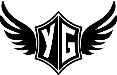 Özelleştirilebilir baş harfleri A-Z olan kalın kanatlı bir kalkan amblemi. Gösterişli siyah-beyaz vektör, markalaşma için mükemmel, spor takımları, motosiklet kulüpleri, oyun, giyim ve yüksek kalite