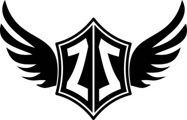 Özelleştirilebilir baş harfleri A-Z olan kalın kanatlı bir kalkan amblemi. Gösterişli siyah-beyaz vektör, markalaşma için mükemmel, spor takımları, motosiklet kulüpleri, oyun, giyim ve yüksek kalite