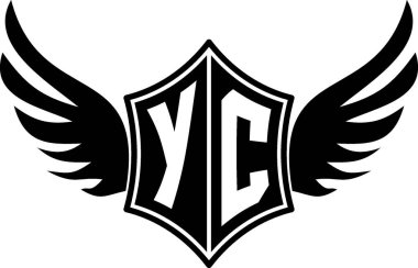 Özelleştirilebilir baş harfleri A-Z olan kalın kanatlı bir kalkan amblemi. Gösterişli siyah-beyaz vektör, markalaşma için mükemmel, spor takımları, motosiklet kulüpleri, oyun, giyim ve yüksek kalite