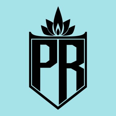 Üzerinde taç benzeri bir çiçek sembolü olan minimalist bir tasarım içeren PR logosu, koyu siyah elementler, ve yumuşak mavi bir arka plan, markalaşma ve modern görsel kimlik için mükemmel..