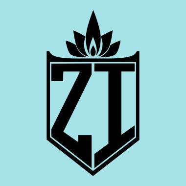 ZI Logosu üzerinde taç benzeri bir çiçek sembolü bulunan minimalist bir tasarım, koyu siyah elementler, ve yumuşak mavi bir arka plan, markalaşma ve modern görsel kimlik için mükemmel..