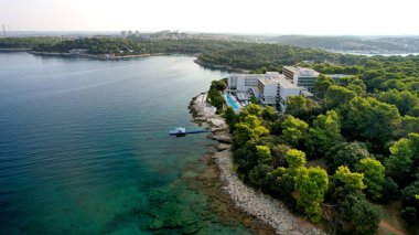 Deniz ve ağaçlı güzel tropikal plajın havadan görünüşü