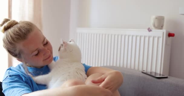 Donna Che Gioca Con Suo Gatto Sul Divano Casa Bella — Video Stock