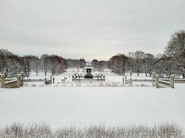 Kış boyunca Oslo 'daki Vigeland Parkı' nın geniş açılı görüntüsü karla kaplı yolları, ikonik çeşmeyi ve sakin Kuzey atmosferini gözler önüne seriyor..