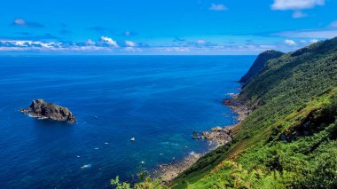 İspanya 'nın Bask Bölgesi' nde nefes kesici bir kıyı manzarası. Kayalık bir adacık, derin mavi bir okyanus ve parlak gökyüzünün altındaki yemyeşil kayalıklar..