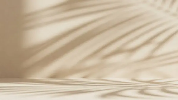 Açık bej bir duvarda yumuşak palmiye yaprağı gölgeleri olan minimalist bir estetik arka plan.