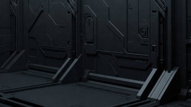 Basit geometrik panelleri, yumuşak gölgelemeleri ve pürüzsüz boruları olan stilize bir bilim kurgu endüstriyel duvarı.