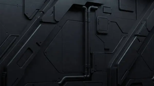 Basit geometrik panelleri, yumuşak gölgelemeleri ve pürüzsüz boruları olan stilize bir bilim kurgu endüstriyel duvarı.