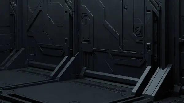 Basit geometrik panelleri, yumuşak gölgelemeleri ve pürüzsüz boruları olan stilize bir bilim kurgu endüstriyel duvarı.