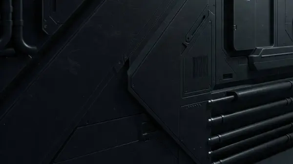 Basit geometrik panelleri, yumuşak gölgelemeleri ve pürüzsüz boruları olan stilize bir bilim kurgu endüstriyel duvarı.