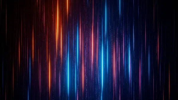 Mavi, turuncu ve pembe neon çizgilerin üst üste dizildiği dijital soyut bir arkaplan
