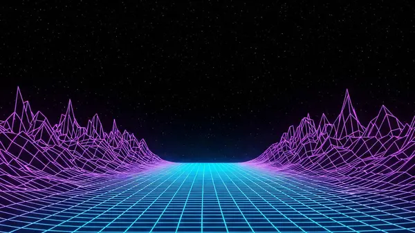 Yıldızlı bir gökyüzünün altına uzanan fütürist bir neon ızgara.