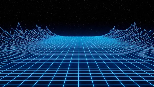 Yıldızlı bir gökyüzünün altına uzanan fütürist bir neon ızgara.