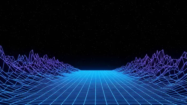 Yıldızlı bir gökyüzünün altına uzanan fütürist bir neon ızgara.