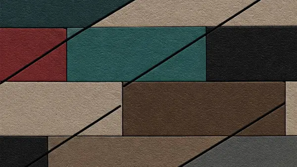 Siyah, kırmızı, deniz mavisi ve bej gibi sessiz renklerde dikdörtgen bloklar içeren desenli bir geometrik bileşim.