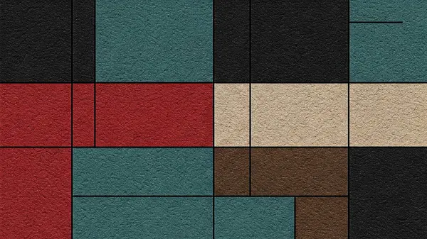 Siyah, kırmızı, deniz mavisi ve bej gibi sessiz renklerde dikdörtgen bloklar içeren desenli bir geometrik bileşim.