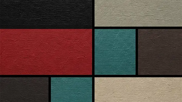 Siyah, kırmızı, deniz mavisi ve bej gibi sessiz renklerde dikdörtgen bloklar içeren desenli bir geometrik bileşim.