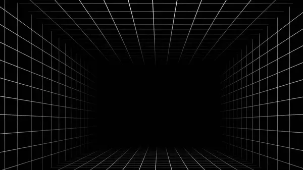 Siyah yüzeyinde parlayan beyaz bir ızgarası olan karanlık, fütürist bir oda.
