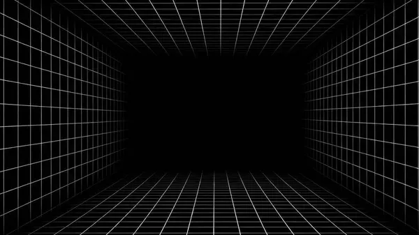 Siyah yüzeyinde parlayan beyaz bir ızgarası olan karanlık, fütürist bir oda.