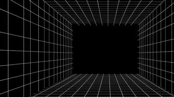 Siyah yüzeyinde parlayan beyaz bir ızgarası olan karanlık, fütürist bir oda.