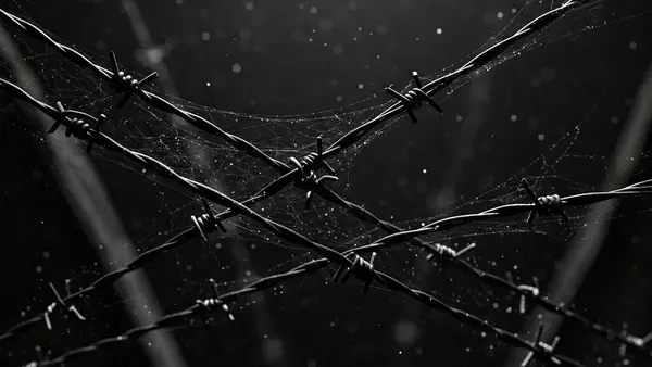 Çapraz dikenli teller, birbirine dolanmış ağlar ve yüzen tozlarla unutulmaz siyah-beyaz bir sahne.