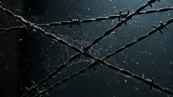 Çapraz dikenli teller, birbirine dolanmış ağlar ve yüzen tozlarla unutulmaz siyah-beyaz bir sahne.