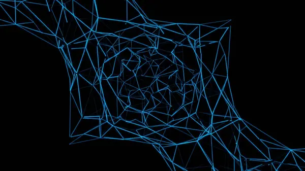 Birbirine bağlı çizgilerin neon mavi geometrik ağı siyah bir arkaplana karşı parlar