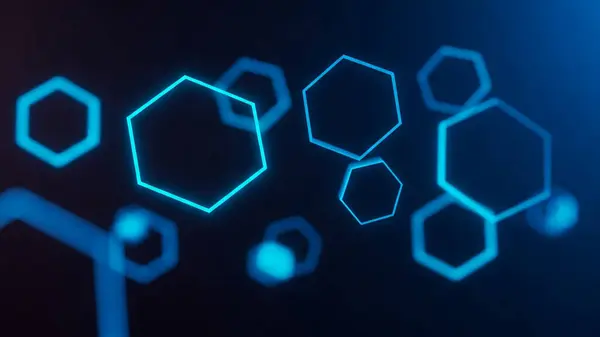 Neon mavisi içinde yüzen şeffaf altıgenli koyu fütüristik arkaplan