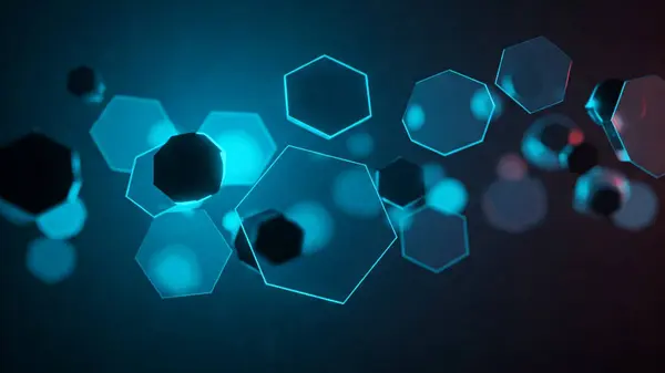 Neon mavisi içinde yüzen şeffaf altıgenli koyu fütüristik arkaplan