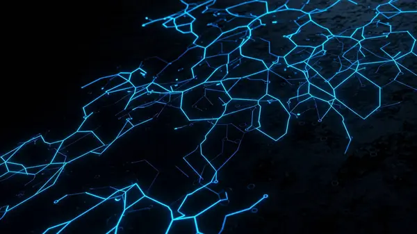 Birbirine bağlı çizgilerin neon mavi geometrik ağı siyah bir arkaplana karşı parlar