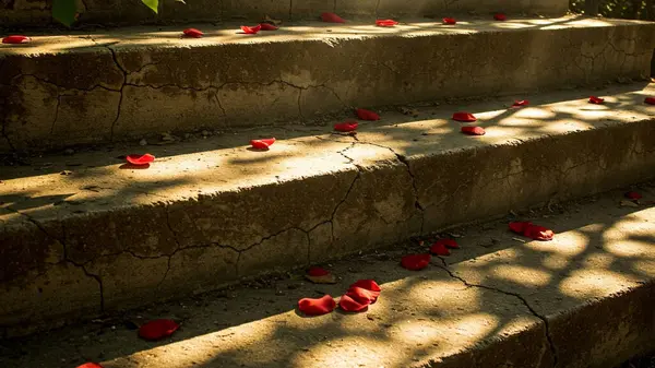 Kırsal taş merdiven, görünür çatlaklar, kırmızı gül yapraklarıyla dağılmış.
