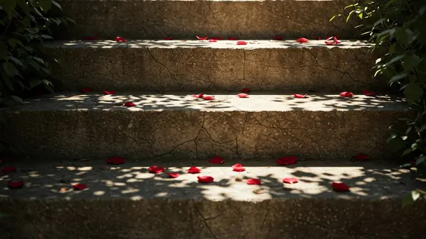 Kırsal taş merdiven, görünür çatlaklar, kırmızı gül yapraklarıyla dağılmış.