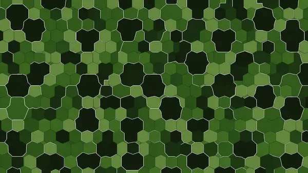 Altıgen ızgara kaplamalı dijital kamuflaj deseni, yeşil, beyaz ve siyah tonlarını birleştiriyor