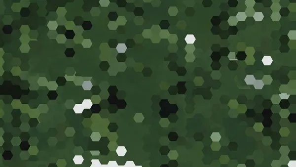 Altıgen ızgara kaplamalı dijital kamuflaj deseni, yeşil, beyaz ve siyah tonlarını birleştiriyor