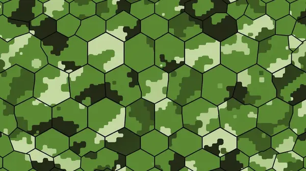 Altıgen ızgara kaplamalı dijital kamuflaj deseni, yeşil, beyaz ve siyah tonlarını birleştiriyor