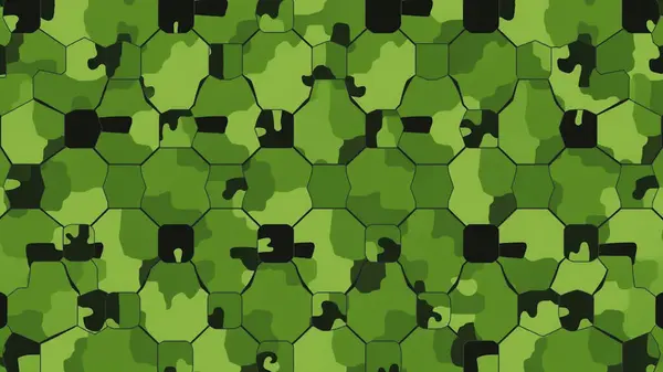 Altıgen ızgara kaplamalı dijital kamuflaj deseni, yeşil, beyaz ve siyah tonlarını birleştiriyor