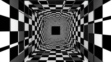 Bozulmuş siyah beyaz dama tahtası gerçeküstü bir 3 boyutlu tünel illüzyonu yaratıyor..