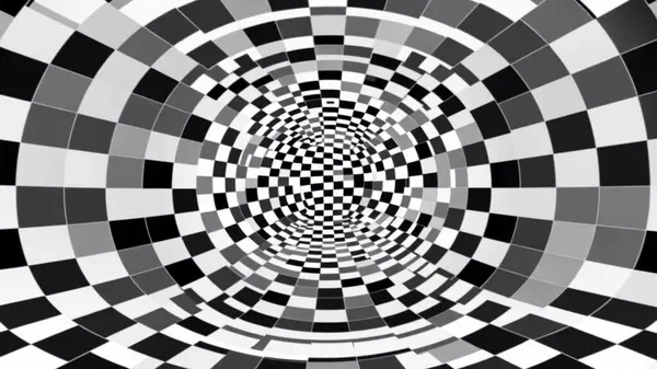 Bozulmuş siyah beyaz dama tahtası gerçeküstü bir 3 boyutlu tünel illüzyonu yaratıyor..