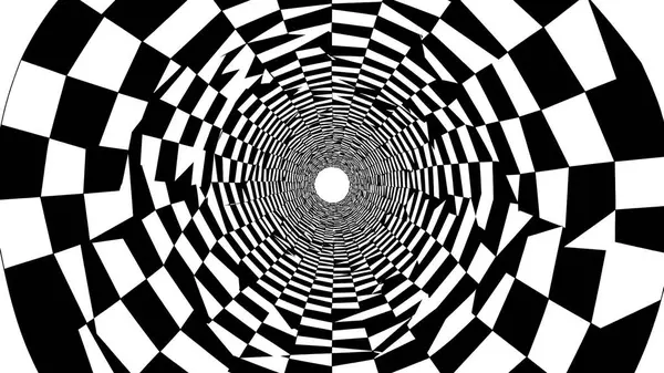Bozulmuş siyah beyaz dama tahtası gerçeküstü bir 3 boyutlu tünel illüzyonu yaratıyor..